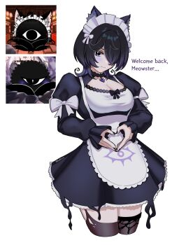 1girl alternate_costume animal_ears apron black_choker black_dress black_eyes black_hair black_nails black_thighhighs breasts cat_ears cat_girl choker cleavage dress enmaided hair_over_one_eye hazel_(hzlform) highres hololive hololive_english humanization maid maid_apron medium_breasts novelites_(shiori_novella) solo thighhighs virtual_youtuber white_apron