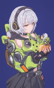 1girl absurdres anby_demara armpit_crease bare_shoulders black_choker black_gloves black_skirt blue_background braid braided_sidelock burger choker closed_mouth clothing_cutout commentary_request fingerless_gloves food glove_cutout gloves green_jacket green_sleeves grey_hair headphones highres holding holding_burger holding_food jacket jishui3q multicolored_sleeves multiple_girls navel orange_eyes recursion short_hair skirt sleeveless sleeveless_jacket upper_body zenless_zone_zero