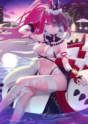 Rule 34 | 1girl, baobhan sith (fate), baobhan sith (swimsuit pretender) (fate), baobhan sith (swimsuit pretender) (third ascension) (fate), bare shoulders, bikini, breasts, bridal gauntlets, cleavage, crown, detached collar, earrings, fate/grand order, fate (series), flower, grey eyes, hair flower, hair ornament, highres, huangyouxingren, jewelry, large breasts, long hair, looking at viewer, navel, pink hair, pointy ears, side ponytail, sidelocks, smile, solo, swimsuit, thighs, veil, white bikini