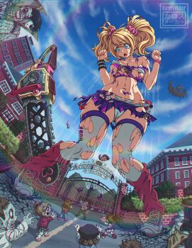 :o aircraft airship aqua_eyes blonde_hair blood blue_sky breasts cameltoe chainsaw cheerleader commission crop_top day fence fisheye gate giant giantess heart in-universe_location juliet_starling karosu_maker killabilly leg_warmers lollipop_chainsaw long_hair looking_down medium_breasts multiple_boys multiple_girls navel nick_carlyle no_bra outdoors panties pink_scrunchie rainbow school scrunchie shirt shoes size_difference skirt sky standing thighhighs torn_clothes torn_shirt torn_skirt torn_thighhighs twintails underwear white_panties white_thighhighs zombie