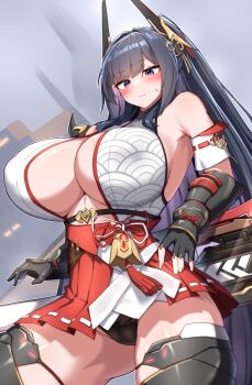 1girl akigumo_(starward) arm_guards bare_shoulders black_gloves black_hair black_panties blush breasts cameltoe cleavage cleavage_cutout clothing_cutout commentary_request fingerless_gloves gloves grey_background hakama hakama_short_skirt hakama_skirt highres huge_breasts japanese_clothes long_hair microskirt panties pantyshot purple_eyes skirt solo starward sweatdrop thighs tylwing underwear very_long_hair