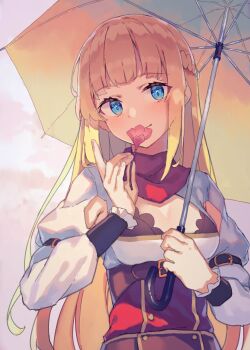 Rule 34 | 1girl, absurdres, armpit cutout, blonde hair, blue eyes, breasts, cleavage cutout, clothing cutout, commentary request, corset, flower, highres, holding, holding flower, holding umbrella, long hair, long sleeves, looking at viewer, medium breasts, official art, red corset, red scarf, rit (shin no nakama), scarf, second-party source, shin no nakama janai to yuusha no party wo oidasareta no de henkyou de slow life suru koto ni shimashita, smile, solo, umbrella, upper body, yasumo (kuusouorbital)