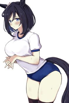 1girl alternate_costume animal_ears black_hair black_thighhighs blue_buruma blue_eyes blush bob_cut breasts buruma closed_mouth cowboy_shot ear_ornament eishin_flash_(umamusume) gym_uniform hair_between_eyes hair_ornament highres horse_ears horse_girl horse_tail kokora_(kokorahen) large_breasts looking_at_viewer medium_hair puffy_short_sleeves puffy_sleeves scrunchie shirt short_hair short_sleeves simple_background solo sweat sweatdrop swept_bangs tail thighhighs umamusume white_background white_shirt