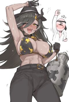 1boy 1girl absurdres animal_print arm_up armpits bell belt bikini black_gloves black_hair black_pants blush breasts character_request ckhd clenched_hand copyright_request cow_girl cow_horns cow_print cow_print_bikini cowbell cup dark-skinned_female dark_skin earrings faceless faceless_male gloves highres holding holding_cup hoop_earrings horn_ornament horn_ring horns jewelry large_breasts long_hair looking_at_viewer milk_churn multicolored_hair neck_bell necktie necktie_on_head one_eye_closed open_mouth pants print_bikini saliva simple_background single_earring smile solo_focus streaked_hair sweat swimsuit toned toned_female tongue trickcal white_background white_hair yellow_eyes