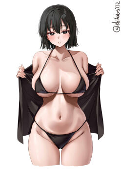 1girl akitsu_maru_(kancolle) artist_name bikini black_bikini blush breasts collarbone commentary_request cropped_legs ebifurya gluteal_fold grey_eyes groin hair_between_eyes hands_up highres kantai_collection large_breasts looking_at_viewer medium_hair navel one-hour_drawing_challenge open_clothes parted_lips sidelocks simple_background skindentation solo strap_gap swimsuit thighs twitter_username underboob white_background