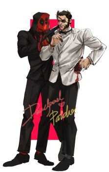 2boys beard black_pants blood blood_on_clothes bow bowtie brown_hair buttons cigar claw_(weapon) deadpool deadpool_&amp;_wolverine deadpool_(series) eyepatch facial_hair formal_clothes full_body gloves hand_on_another's_waist hashtag-only_commentary highres holding holding_cigar holding_weapon hood hood_up jacket long_sleeves looking_at_another male_focus marvel marvel mask mature_male mcbuckwheat multiple_boys muscular muscular_male necktie official_alternate_costume pants red_mask shirt short_hair stab suit teeth weapon wolverine_(x-men) x-men yaoi