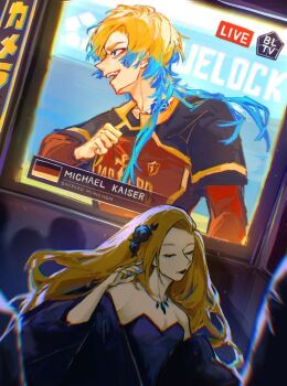 1boy 1girl artist_request blonde_hair blue_eyes blue_lock blue_nails blurry chromatic_aberration depth_of_field dutch_angle german_flag jewelry light_particles love_alicia necklace source_request white_background