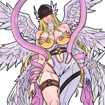 1girl 2025 angel angel_girl angel_wings angewomon asymmetrical_clothes asymmetrical_legwear bare_shoulders blonde_hair breasts collarbone covered_eyes digimon digimon_(creature) feathered_wings female_focus head_wings helmet helmet_over_eyes highres long_hair master_dcj multiple_wings pink_shawl shawl shiny_skin simple_background thigh_strap thighs white_background wings wrist_wings
