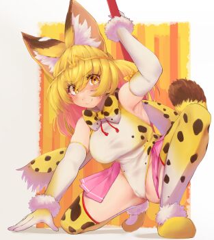 1girl absurdres alternate_costume animal_ears bare_shoulders blonde_hair blush bow bowtie cat_ears cat_girl cat_tail circlet cosplay elbow_gloves flats fur_trim gloves golden_snub-nosed_monkey_(kemono_friends) golden_snub-nosed_monkey_(kemono_friends)_(cosplay) hair_between_eyes highres kemono_friends kemono_friends_3 leotard pink_skirt pleated_skirt print_bow print_bowtie print_leotard print_thighhighs serval_(kemono_friends) shoes short_hair showgirl_skirt sidelocks skirt sleeveless smile solo squatting staff tail takara_(takara0508) thighhighs white_fur white_gloves white_leotard yellow_eyes yellow_shoes zettai_ryouiki