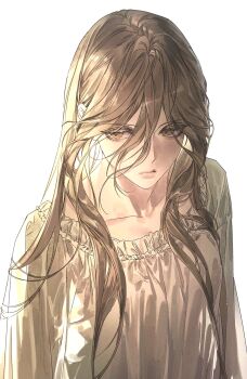 1girl absurdres breasts brown_eyes collarbone dress ea_ateu eyelashes frilled_dress frills hair_between_eyes highres lips long_hair long_sidelocks long_sleeves looking_to_the_side original sidelocks simple_background small_breasts solo swept_bangs upper_body white_background white_dress