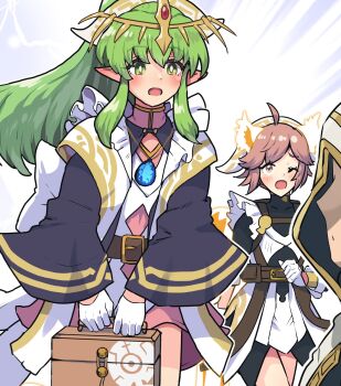 Rule 34 | 1boy, 2girls, animal ears, belt, black sleeves, blush, boris (noborhys), brown eyes, brown hair, circlet, collar, commentary request, cowlick, dot nose, dress, fire emblem, fire emblem: mystery of the emblem, fire emblem heroes, gloves, glowing ears, glowing tail, green eyes, green hair, hat, highres, holding case, jewelry, kiran (fire emblem), long hair, long sidelocks, long sleeves, male kiran (fire emblem), multiple girls, necklace, nintendo, nurse, official alternate costume, one eye closed, open mouth, pink dress, pointy ears, ratatoskr (fire emblem), ribbon, short dress, sidelocks, squirrel ears, squirrel girl, squirrel tail, tail, thighs, tiara, tiki (fire emblem), tiki (young) (fire emblem), tiki (young) (legendary dragon) (fire emblem), tiki (young) (legendary dragon) (resplendent) (fire emblem), white dress, white gloves, white ribbon, wide sleeves