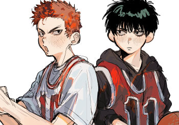 Rule 34 | 2boys, ball, basketball (object), basketball jersey, black hair, blush, closed mouth, commentary request, highres, ikaooi1, looking at another, male focus, multiple boys, open mouth, red hair, rukawa kaede, sakuragi hanamichi, short hair, simple background, slam dunk (series), upper body, white background