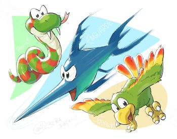 bird donkey_kong_(series) donkey_kong_country donkey_kong_country_2 enguarde fangs fish full_body nintendo no_humans o_k_ra_ra parrot rattly_the_rattlesnake smile snake squawks swordfish talons tongue tongue_out