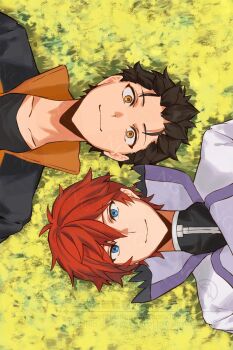 2boys black_hair blue_eyes collared_shirt commentary_request eu_sem_voce_(meme) grass highres jacket lying male_focus meme multiple_boys natsuki_subaru on_back on_grass open_clothes open_jacket re:zero_kara_hajimeru_isekai_seikatsu red_hair reinhard_van_astrea shirt smile soji_subd upper_body watermark yellow_eyes