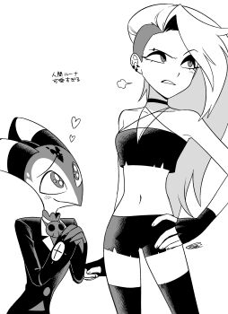 1boy 1girl absurdres arm_at_side asymmetrical_hair averting_eyes bare_arms bare_shoulders blitzo_(helluva_boss) brooch choker clenched_teeth closed_mouth collarbone commentary_request cowboy_shot criss-cross_halter crop_top cropped_shirt curtained_hair demon_boy demon_horns ear_piercing eyebrow_piercing eyeshadow face_piercing father_and_daughter fewer_digits fingerless_gloves fingernails gloves greyscale hair_behind_ear halterneck hatching_(texture) heart hellaverse helluva_boss highres horns humanization jacket jewelry lapels long_hair looking_at_another looking_to_the_side loona_(helluva_boss) makeup menma_(enaic31) midriff monochrome navel notched_lapels own_hands_together piercing pleading_eyes raised_eyebrow raised_inner_eyebrows shirt short_shorts shorts sidecut signature simple_background skinny skull_brooch smile standing step-parent_and_step-child teeth thighhighs translation_request undercut upturned_eyes very_long_hair white_background