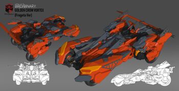 3d absurdres bird/binary character_name reference_sheet copyright_name golden_crow_vortex grey_background highres las91214 mecha multiple_views no_humans robot science_fiction vehicle_focus
