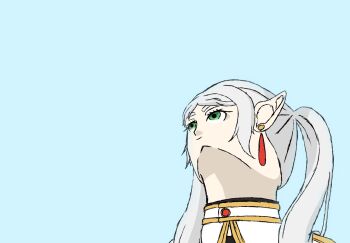 1girl bad_anatomy bad_face blue_background closed_mouth commentary earrings elf english_commentary frieren from_below green_eyes grey_hair highres jewelry long_hair looking_up meme pointy_ears portrait quality simple_background solo sousou_no_frieren spacedev1 teardrop_earrings twintails upward_angle_frieren_drawing