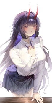 Rule 34 | 1girl, alternate costume, blush, breasts, collared shirt, colored inner hair, commentary, english commentary, hair intakes, highres, honkai (series), honkai impact 3rd, horns, jinnnnnn23, large breasts, leaning, long hair, multicolored hair, parted lips, pleated skirt, purple eyes, purple hair, raiden mei, raiden mei (herrscher of thunder), red horns, shirt, shirt tug, simple background, skirt, very long hair, white background, white shirt