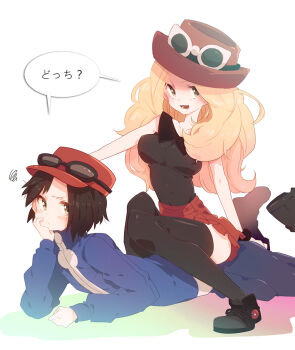 1boy 1girl blonde_hair blue_jacket blush brown_hair brown_thighhighs calem_(pokemon) closed_mouth collared_shirt commentary_request eyewear_on_headwear hat head_rest jacket long_hair lower_teeth_only nakamura_sandayo nintendo open_mouth pants pleated_skirt pokemon pokemon_xy red_headwear red_skirt serena_(pokemon) shared_speech_bubble shirt shoes short_hair sitting sitting_on_person skirt sleeveless sleeveless_shirt speech_bubble squiggle sunglasses teeth thighhighs tongue white-framed_eyewear zettai_ryouiki