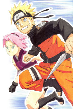 1boy 1girl :d absurdres bare_shoulders black_boots black_gloves blonde_hair boots facial_mark forehead_protector gloves green_eyes grin haruno_sakura highres holding holding_kunai holding_weapon kishimoto_masashi kunai naruto_(series) naruto_shippuuden official_art open-toe_boots open_mouth pants pink_hair short_hair smile spiked_hair teeth thigh_strap uzumaki_naruto weapon