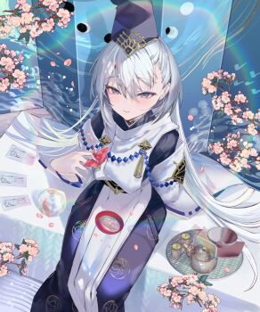 1-gou_(111touban) 1other black_hat black_kimono blue_eyes cup falling_petals flower hat highres japanese_clothes kariginu kimono kuon_(shadowverse) light_smile long_hair long_sleeves looking_at_viewer ofuda origami paper_crane petals pink_flower rainbow sakazuki shadowverse shadowverse:_worlds_beyond solo tate_eboshi teacup teapot white_hair wide_sleeves