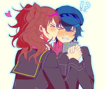 !? >_< 2girls blue_hair blue_hat blue_outline blush brown_hair commentary english_commentary hair_between_eyes hat heart high_collar highres holding_hands kiss kissing_cheek kujikawa_rise long_sleeves multiple_girls outline persona persona_4 renyarrh school_uniform shirogane_naoto short_hair simple_background twintails upper_body yasogami_school_uniform yellow_background yuri