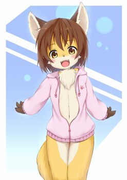 Rule 34 | 1girl, animal ears, blush, brown eyes, brown hair, chest tuft, female focus, fox ears, fox tail, furry, furry female, happy, hood, hoodie, kagerofu, looking at viewer, navel, short hair, smile, solo, tail