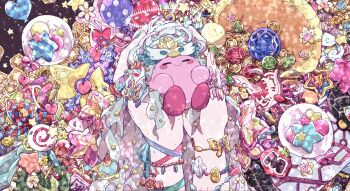 balloon blush_stickers bourbon_(kirby) candy closed_eyes coin copy_ability crystal_shards dragoon_(kirby) fleur_tornado_kirby food gears heart heart_balloon highres hydra_(kirby) invincible_candy kirby kirby_(series) lollipop maxim_tomato nintendo puzzle_piece sparkle star_allies_sparkler star_block star_dream star_rod starship_(vehicle)_(kirby) tornado_kirby treasure_chest triple_star tsunashi_(uwdm5757) ultra_sword wondog wondy