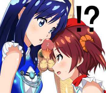 !? 1boy 2girls blue_eyes blue_hair blush cheek_poking facejob futaba_aoi_(vividred_operation) hat hetero interrupted isshiki_akane ko-yan long_hair mosaic_censoring multiple_girls open_mouth palette_suit penis penis_on_face poking precum short_hair twintails vividred_operation