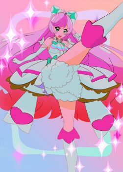 Rule 34 | 1girl, absurdres, ascot, axe kick, bloomers, blue bow, boots, bow, braid, brooch, center frills, commentary, crown braid, cure prism, dress, dress bow, elbow gloves, frills, frown, glove bow, gloves, green eyes, hair bow, highres, hirogaru sky! precure, jewelry, knee boots, layered dress, long hair, looking at viewer, magical girl, masa1126557, medium dress, nijigaoka mashiro, open mouth, pink hair, precure, side braids, sleeveless, sleeveless dress, solo, sparkle, standing, standing on one leg, underwear, very long hair, white ascot, white boots, white bow, white dress, white gloves, wing brooch