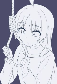 1girl absurdres ahoge bocchi_the_rock! bra_strap choker closed_mouth collarbone commentary_request grey_background greyscale highres holding ijichi_seika korean_commentary long_hair long_sleeves monochrome noose shirt simple_background solo straight_hair upper_body vector_(dmlddmld00)