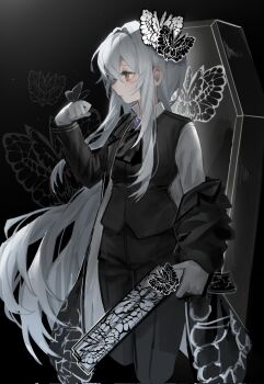 Rule 34 | 1girl, angela (project moon), animal print, ascot, black ascot, black butterfly, black coat, black pants, black vest, blue hair, bug, butterfly, butterfly hair ornament, butterfly on hand, butterfly print, coat, coffin, collared shirt, cowboy shot, e.g.o (project moon), hair ornament, hand up, highres, insect, library of ruina, long hair, long sleeves, pants, project moon, shirt, sidelocks, solemn lament (e.g.o), solo, very long hair, vest, white butterfly, white shirt, yuchan 00001