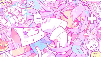 1girl absurdres bandaged_leg bandages bandaid bandaid_on_leg blue_shirt bright_pupils cat chibi chibi_inset coat commentary_request covering_own_mouth food fork hair_ornament hand_over_own_mouth highres lab_coat light_blush long_hair long_sleeves medicine medicine_bottle nemuri-chan okusuri_nonde_neyou_(vocaloid) one_eye_closed open_clothes open_coat outline pancake pastel_colors pill pink_background pink_eyes pink_theme print_shirt purple_hair question_mark_ahoge richard_(richaball) shirt short_twintails sleep_mask star_(symbol) syringe twintails uwu very_long_hair vocaloid white_coat white_outline white_pupils wide_sleeves x_hair_ornament z_hair_ornament