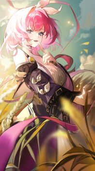 Rule 34 | 1girl, absurdres, alternate breast size (larger), bare shoulders, blue eyes, blue sky, breasts, coat, cyrene (aedes elysiae) (honkai: star rail), cyrene (honkai: star rail), dress, hair ornament, hashtag-only commentary, highres, honkai: star rail, honkai (series), medium breasts, multicolored hair, outdoors, pink hair, purple coat, short hair, sky, solo, totomong, two-tone hair, wheat, wheat field, white dress, white hair