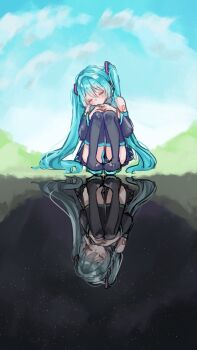 1girl aqua_hair bare_shoulders black_boots boots closed_eyes commentary_request day detached_sleeves different_reflection hatsune_miku head_tilt highres knees_up long_hair miniskirt mirawhite night outdoors reflection sitting skirt sky solo star_(sky) starry_sky thigh_boots twintails very_long_hair vocaloid