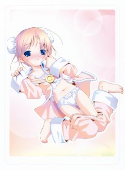 1girl absurdres barefoot blue_eyes blush border bun_cover clothes_pull collarbone double_bun full_body hair_bun hands_up highres kneeling loli long_sleeves looking_at_viewer moetan navel nijihara_ink nose_blush outline outside_border panties pants pants_pull parted_lips pink_background pink_hair pink_shirt pop_(electromagneticwave) scan shirt short_hair sleeves_past_wrists solo third-party_source underwear white_border white_outline white_panties