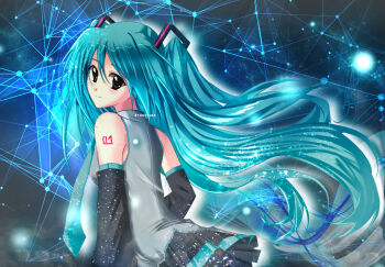 1girl aqua_eyes aqua_hair aqua_necktie black_sleeves detached_sleeves grey_shirt hatsune_miku long_hair necktie number_tattoo roozaku shirt skirt sleeveless sleeveless_shirt solo tattoo twintails vocaloid