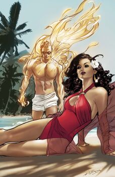 Rule 34 | 1boy, 1girl, absurdres, avengers (series), beach, black eyeshadow, blue sky, breasts, brown hair, character request, check character, cleavage, cleavage cutout, clothing cutout, comic cover, cover, cover page, curly hair, earrings, eyeshadow, fantastic four, fiery hair, flower, gold earrings, hair flower, hair ornament, highres, hoop earrings, human torch, jewelry, johnny storm, large breasts, logo, long hair, makeup, marvel, muscular, muscular male, navel, o-ring, o-ring swimsuit, official alternate costume, official art, one-piece swimsuit, outdoors, pablo villalobos, palm tree, parted lips, red lips, red one-piece swimsuit, red sarong, red shawl, sarong, scarlet witch, see-through clothes, see-through sarong, see-through shawl, shawl, signature, sitting, sky, sunglasses, swimsuit, textless version, topless male, tree, wanda maximoff, western comics (style), white flower, white swim trunks