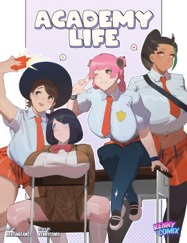 4girls alternate_breast_size_(larger) artist_logo artist_name black_pantyhose blue_eyes blue_hat breasts brown_eyes brown_hair cellphone collared_shirt dark-skinned_female dark_skin english_text gen_4_pokemon green_streaks grin hat highres holding holding_phone juliana_(pokemon) kennycomix large_breasts liko_(pokemon) logo mmmmmkun multicolored_hair multiple_girls naranja_academy_school_uniform necktie nemona_(pokemon) nintendo one_eye_closed open_mouth orange_necktie orange_shorts pantyhose phone pink_hair pokemon pokemon_(anime) pokemon_horizons pokemon_scarlet_and_violet rotom rotom_phone school_uniform shirt shoes short_sleeves shorts sitting smartphone smile streaked_hair white_shirt white_shoes