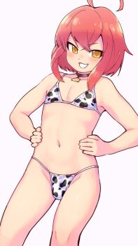 1boy ahoge animal_print bikini cow_print cow_print_bikini funatemi grimms_notes grin hahn_(grimms_notes) highres light_blush male_focus navel print_bikini red_hair simple_background smile standing swimsuit teeth trap white_background yellow_eyes