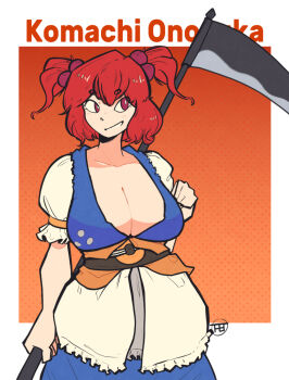 1girl blue_kimono border breasts cleavage cowboy_shot grin hair_bobbles hair_ornament holding holding_scythe huge_breasts japanese_clothes kimono obi onozuka_komachi orange_background red_eyes red_hair sash scythe short_sleeves smile the_t touhou two_side_up white_border