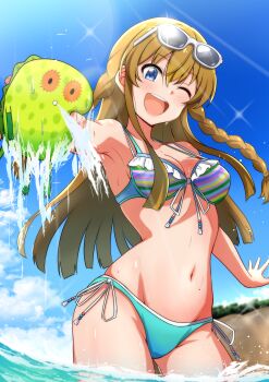 1girl absurdres armpits bikini blue_bikini blue_eyes blush braid breasts brown_hair chupacabra_(idolmaster) commentary_request eyewear_on_head front-tie_bikini_top front-tie_top highres holding idolmaster idolmaster_million_live! idolmaster_million_live!_theater_days kousaka_umi long_hair looking_at_viewer medium_breasts mimiu_p navel one_eye_closed outdoors outstretched_arm side-tie_bikini_bottom smile solo striped_bikini striped_clothes swimsuit twin_braids wading