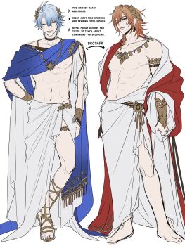 2boys abs alternate_costume ancient_greek_clothes antenna_hair arm_behind_back armlet arrow_(symbol) black_choker black_gloves blue_cape blue_eyes blue_hair braid cape choker clenched_hand closed_mouth clothing_cutout collarbone commentary earrings english_commentary english_text fingerless_gloves full_body gladiator_sandals gloves gold_earrings gold_necklace gold_sandals gold_trim gradient_hair greco-roman_clothes hair_between_eyes hair_ornament half-closed_eye half-closed_eyes highres himation honkai:_star_rail honkai_(series) jewelry laurel_crown lips looking_at_another looking_at_viewer male_focus multicolored_hair multiple_boys muscular muscular_male mydei_(honkai:_star_rail) navel neck_tattoo necklace nipples one_eye_closed orange_hair pectorals phainon_(honkai:_star_rail) pnk_crow red_cape red_eyes red_hair sandals short_hair shoulder_cutout simple_background single_bare_shoulder single_braid single_glove smile standing sun_ornament sun_symbol sun_tattoo tan tattoo white_background