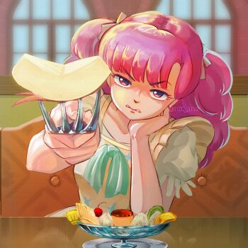 1girl apple apple_slice apron artist_name bow cherry commentary_request couch cup dessert dress food fork frilled_apron frills fruit glass green_bow green_dress hair_bow hand_up head_rest highres holding holding_fork incoming_food indoors kiwi_(fruit) kiwi_slice long_hair looking_at_viewer miz_mus parted_lips pink_eyes pink_hair pudding puffy_short_sleeves puffy_sleeves ran_(urusei_yatsura) reflection reflective_table scowl short_sleeves sitting solo table twitter_username urusei_yatsura v-shaped_eyebrows whipped_cream white_bow window yellow_apron