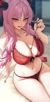 1girl between_breasts black_nails blue_archive bra breasts cleavage coin coin_on_string condom_box groin highres holding holding_pendulum horns lace lace-trimmed_bra lace_trim large_breasts long_hair mole mole_on_breast navel open_mouth panties pendulum pink_hair red_bra red_panties satsuki_(blue_archive) sitting smile solar_(happymonk) solo stomach thighs underwear underwear_only yellow_eyes