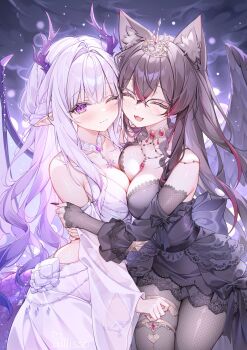2girls absurdres allisso alllisso animal_ears black_hair blush breasts cleavage dress fantasy fishnet_pantyhose fishnets gloves hair_ornament highres horns hug jewelry lace long_hair multiple_girls pantyhose smile white_hair wings