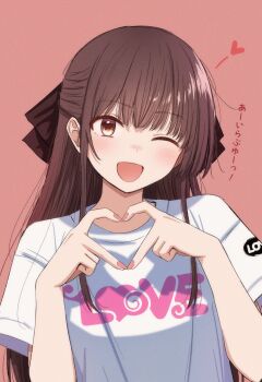 1girl :d artist_self-insert blush bow brown_background brown_bow brown_eyes brown_hair commentary dot_nose four-finger_heart_hands hair_bow heart heart_hands highres long_hair long_sidelocks looking_at_viewer mame_rakko mamerakkkkko_(mamerakkkkko) nail_polish one_eye_closed open_mouth original pink_nails protected_link shirt short_sleeves sidelocks simple_background smile solo t-shirt translated white_shirt