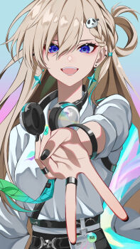 1girl absurdres aqua_necktie black_nails braid braided_bangs breasts commentary earrings fingernails gyaru_v hair_between_eyes hair_ornament hashtag-only_commentary headphones headphones_around_neck highres id_card jewelry kurenairan77 long_hair looking_at_viewer lynae_(wuthering_waves) medium_breasts nail_polish necktie open_mouth shirt shirt_tucked_in skull_hair_ornament smile solo star_(symbol) star_earrings v white_shirt wuthering_waves