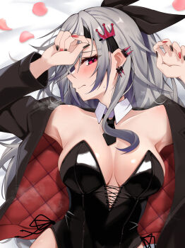 1girl absurdres alternate_costume bed_sheet black_bow black_jacket black_leotard black_nails blush bow breasts cleavage closed_mouth commentary_request cross-laced_clothes cross-laced_leotard crown_hair_ornament detached_collar earclip grey_hair hair_bow hands_up highres hololive hololive_dev_is isaki_riona jacket large_breasts leotard long_hair looking_at_viewer lying micon nail_polish necktie on_back petals playboy_bunny purple_eyes quilted_jacket red_nails short_necktie side-tie_leotard sidelocks solo spiked_ear_piercing strapless strapless_leotard two-sided_fabric two-sided_jacket virtual_youtuber