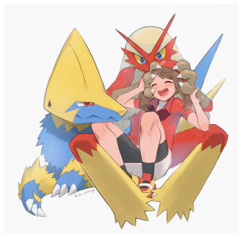 1girl :d bandana bike_shorts black_legwear blaziken blush brown_hair closed_eyes collared_shirt commentary_request gen_3_pokemon happy highres kikuyoshi_(tracco) long_hair manectric may_(pokemon) nintendo open_mouth pokemon pokemon_(creature) pokemon_rse red_bandana red_shirt shirt shoes short_sleeves signature skirt smile socks teeth tongue upper_teeth_only white_background |d